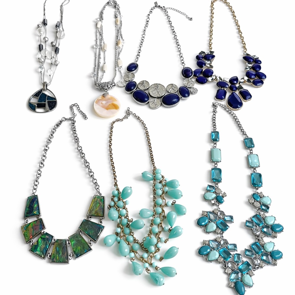 Large vintage statement necklace lot -turquoise blue silver tone fashion